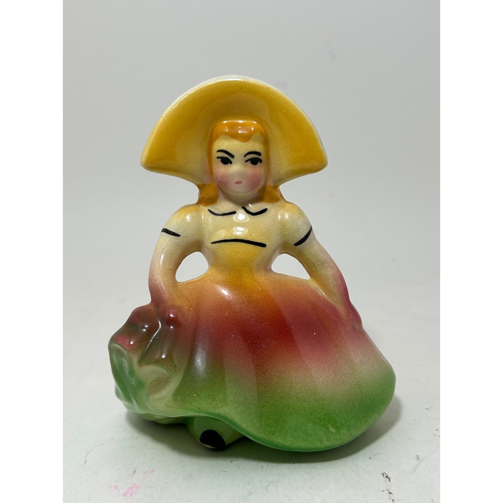 Vintage Ceramic Lady Figurine Planter Yellow Hat Multi Color Dress MCM 5.5"